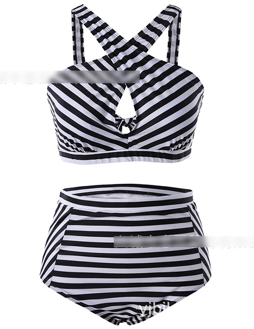 Stripe Printed Striped High Waist Split Swimsuit