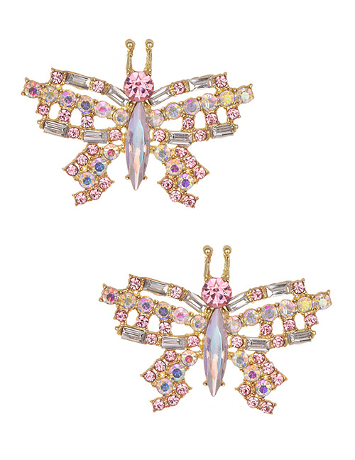 Fashion Pink Alloy Diamond Butterfly Stud Earrings