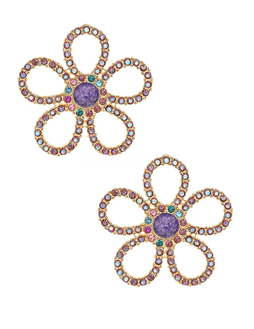 Fashion Purple Alloy Diamond Flower Earrings