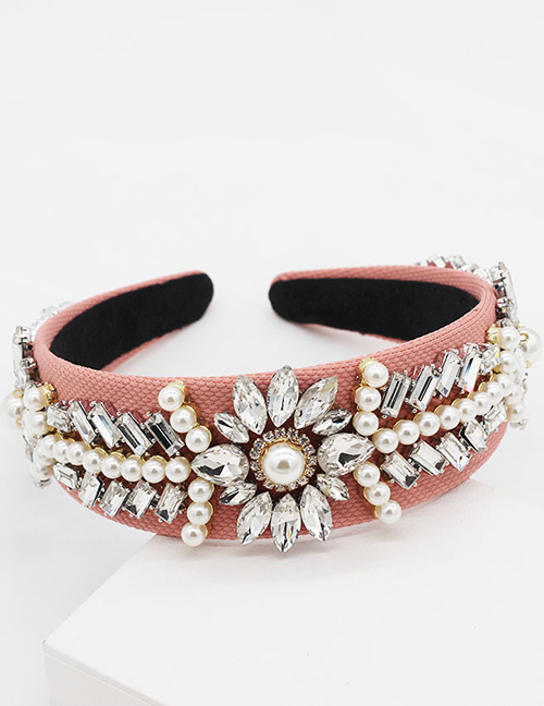 Fashion Pink Full Diamond Pearl Leaf Geometric Headband