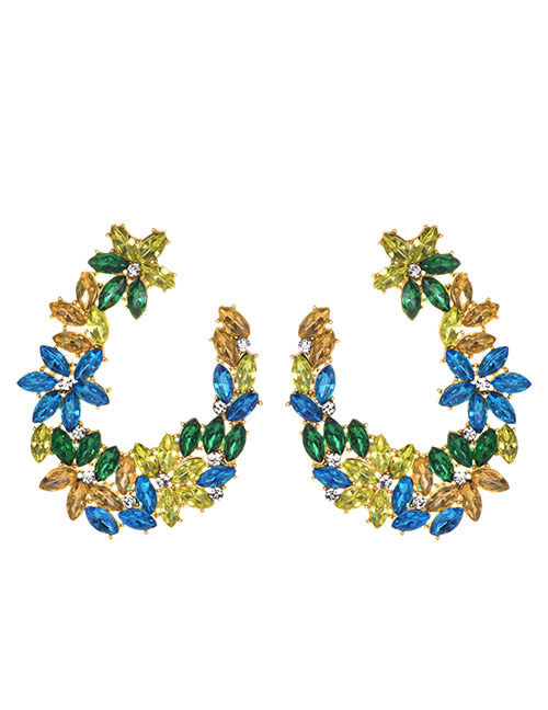Fashion Blue + Green Alloy Studded U-shaped Earrings