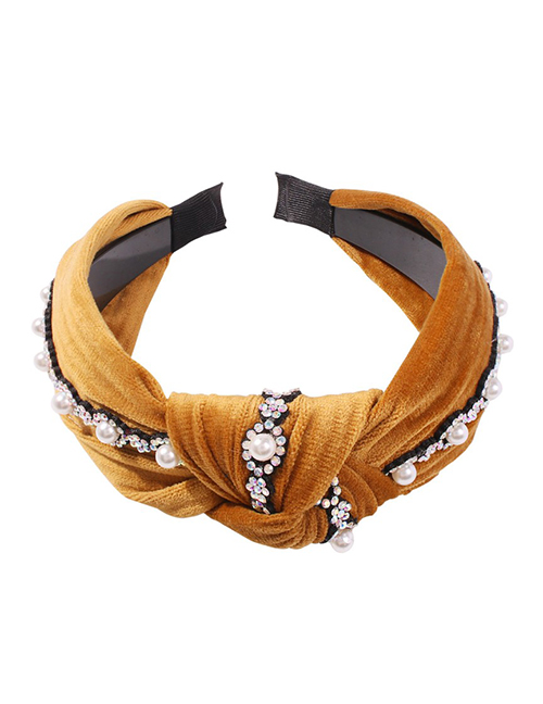 Fashion Ginger Yellow Gold Velvet Pearl Studded Knotted Headband