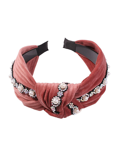 Fashion Pink Gold Velvet Pearl Studded Knotted Headband