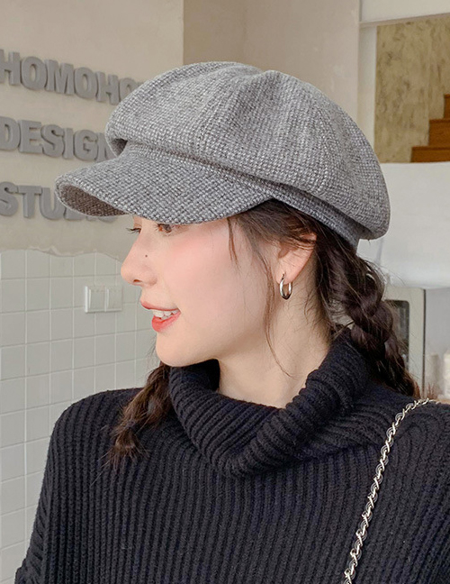 Fashion Houndstooth Wool Grey Small Plaid Woolen Beret