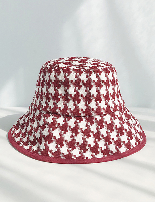 Fashion Wrapped Houndstooth Wine Red Rough Plaid Fisherman Hat