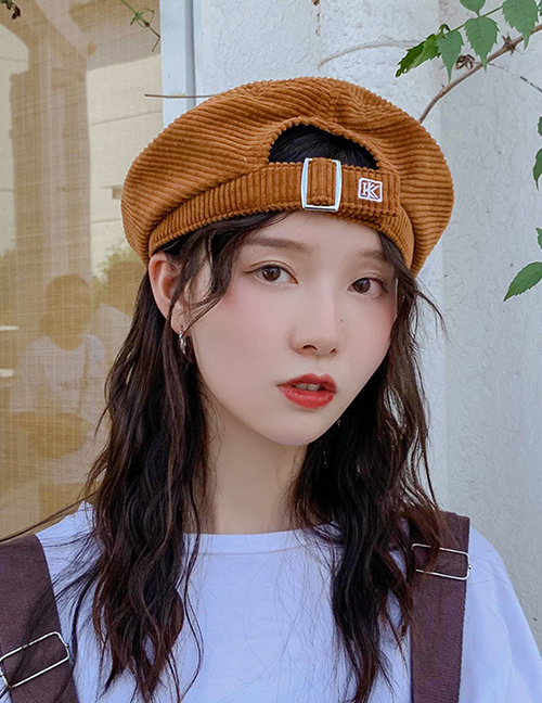 Fashion Overlapping Letter K Coffee Embroidered Letter Corduroy Beret