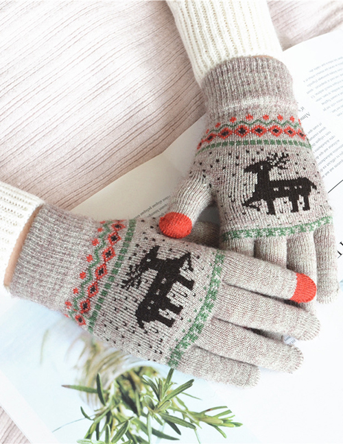 Fashion Khaki Fawn Christmas Plus Velvet Knitted Wool Touch Screen Gloves