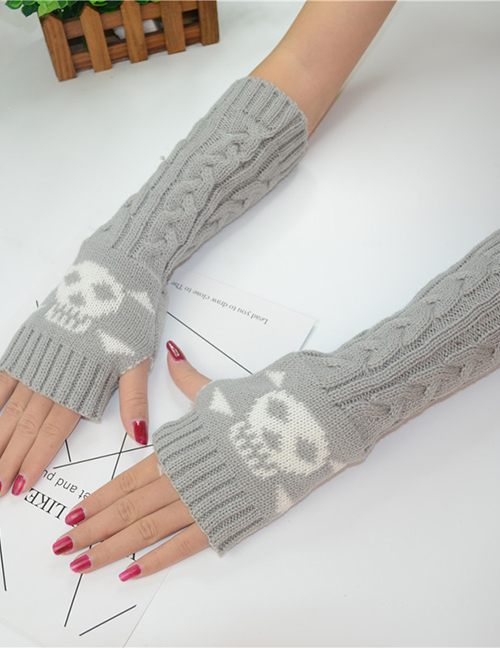 Fashion Light Gray White Skull Long-sleeved Half-finger Gloves