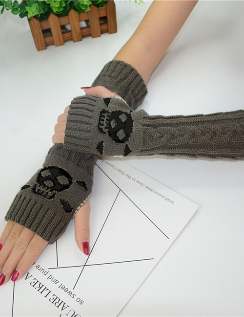 Fashion Dark Gray Black Skull Long-sleeved Half-finger Gloves