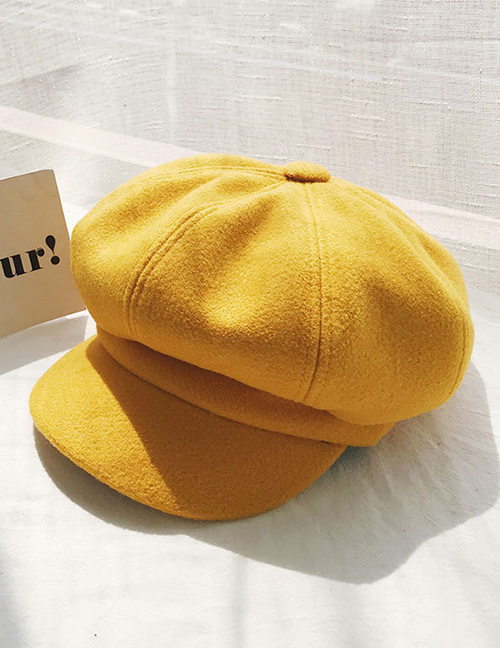 Fashion Solid Color Octagonal Cap Yellow Woolen Beret