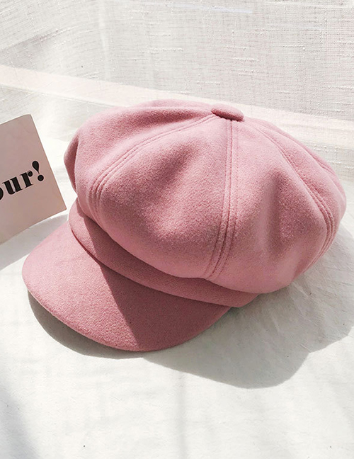 Fashion Solid Color Octagonal Cap Pink Woolen Beret