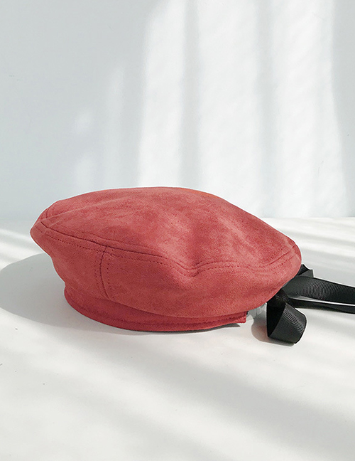 Fashion Suede Streamer Brick Red Bow Streamer Flat Top Beret