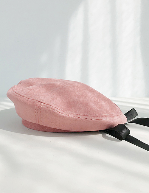 Fashion Suede Streamer Pink Bow Streamer Flat Top Beret