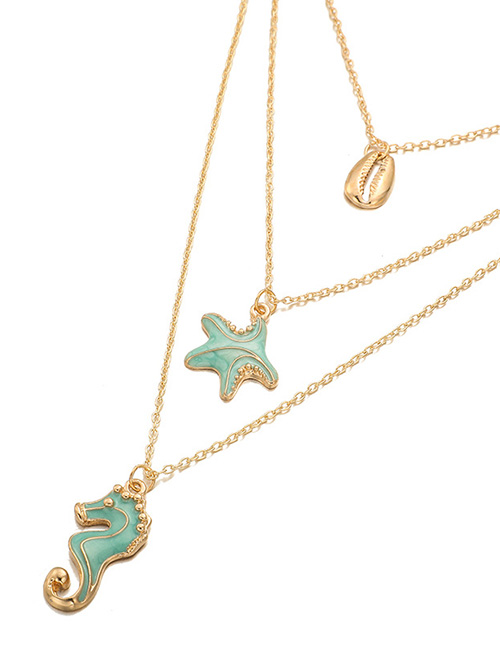 Fashion Green Seahorse Shell Starfish Multilayer Necklace