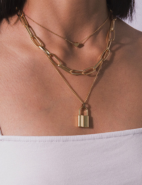 Fashion Gold Thick Chain Multi-layer Geometric Lock Love Necklace