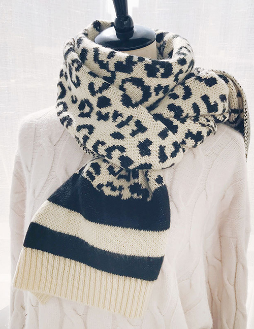 Fashion Leopard Beige Wool Knit Scarf Shawl Dual Purpose