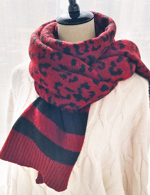Fashion Leopard Wine Red Wool Knit Scarf Shawl Dual Purpose