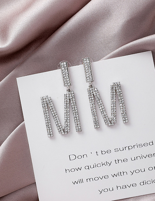 Fashion Silver Rhinestone Letter M-shaped Earrings