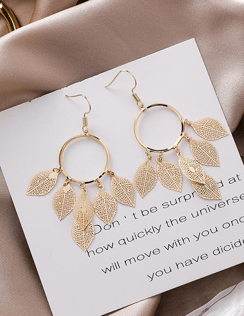 Fashion Gold Fringed Geometric Circle Openwork Leaf Earrings