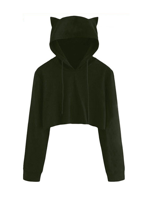 Fashion Armygreen Hooded Cat Ears Exposed Navel Sweater