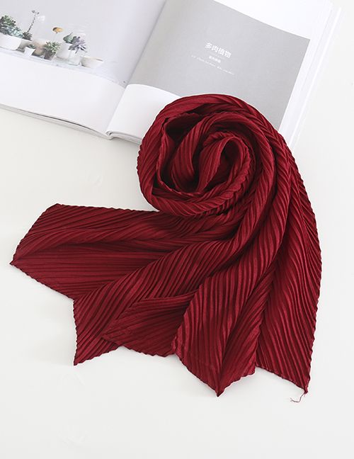Fashion Red Wine Pure Color Crumpled Silk Scarf