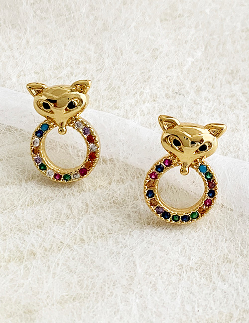 Gold Copper Inlay Zircon Fox Earrings