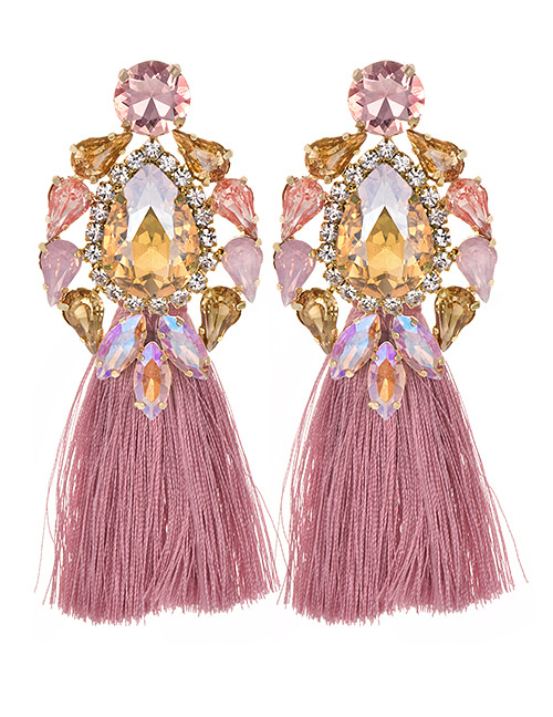 Fashion Champagne + Pink Alloy Studded Long Tassel Earrings