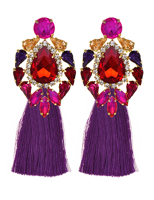 Fashion Red + Purple Alloy Studded Long Tassel Earrings