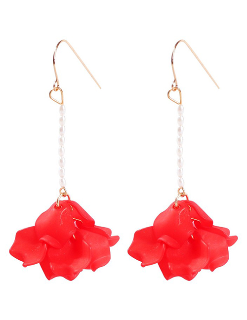 Fashion Red Pearl Beaded Resin Petal Earrings