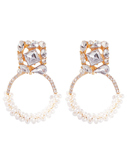 Fashion Gold Openwork Diamond Pearl Circle Alloy Stud Earrings