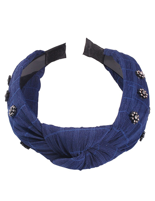 Fashion Navy Blue Plaid Printed Diamond Flower Headband