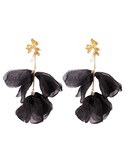 Fashion Black Alloy-studded Chiffon Petal Earrings