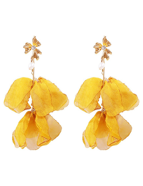Fashion Yellow Alloy-studded Chiffon Petal Earrings