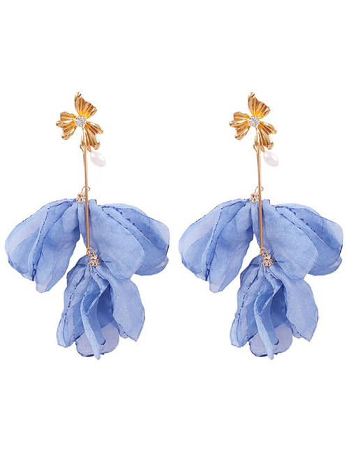 Fashion Lake Blue Alloy-studded Chiffon Petal Earrings