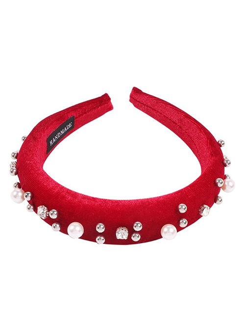 Fashion Red Gold Velvet Studded Pearl Headband