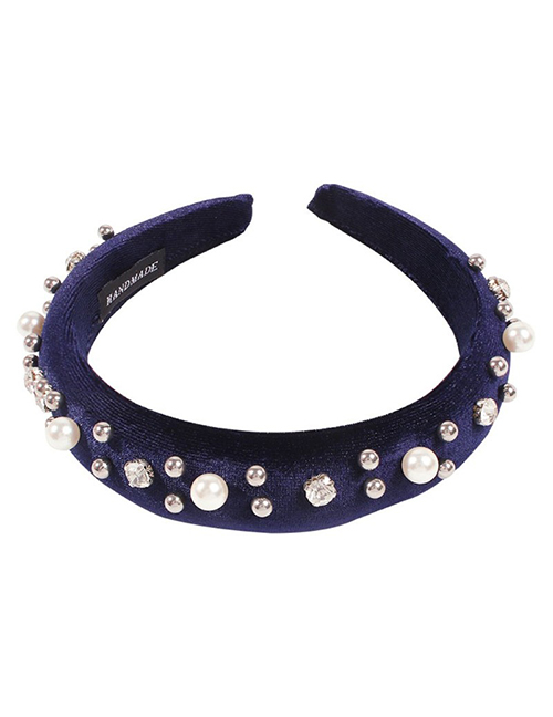 Fashion Navy Blue Gold Velvet Studded Pearl Headband