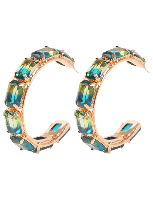 Fashion Dark Green Copper-studded Glass Drill C-shaped Earrings