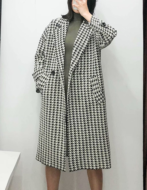 Fashion Black And White Houndstooth Long Coat