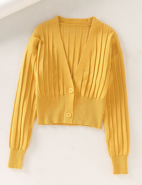Fashion Yellow V-neck Knit Pit Buckle Sweater