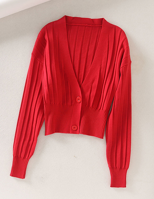 Fashion Red V-neck Knit Pit Buckle Sweater