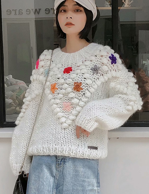 Fashion White Woven Ball Flower Sweater