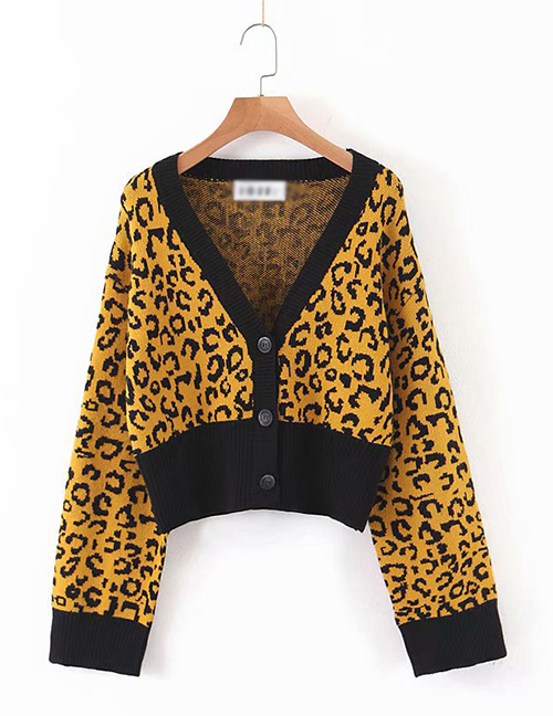 Fashion Yellow Lantern Sleeve Leopard Knit V-neck Single-breasted Cardigan