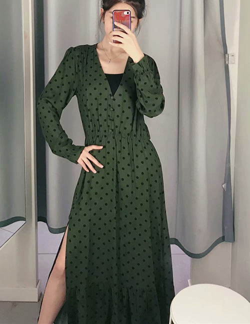 Fashion Green Polka-print V-neck Single-breasted Dress