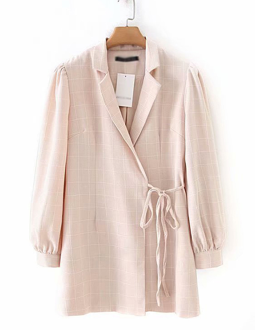 Fashion Pink Plaid Bandage Suit Collar Dress