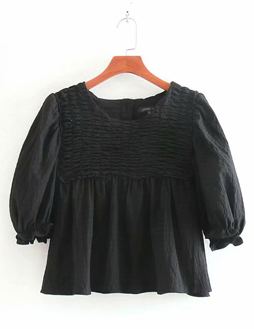 Fashion Black Pleated Textured Round Neck Pullover Shirt