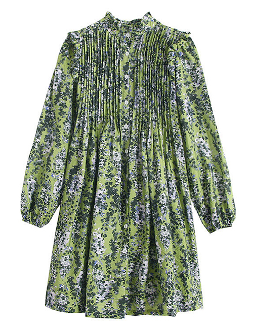Fashion Green Stand Collar Pleated Flying Sleeves Floral Dress