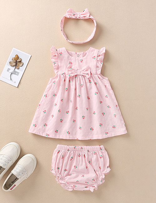 Fashion Pink Cherry Bow Dress Panties Hair Band Children's Suit