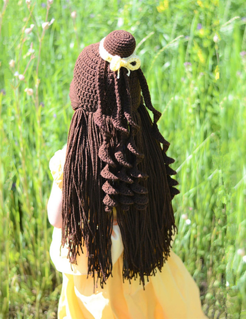 Fashion Brown Wig Head Set Wool Hat
