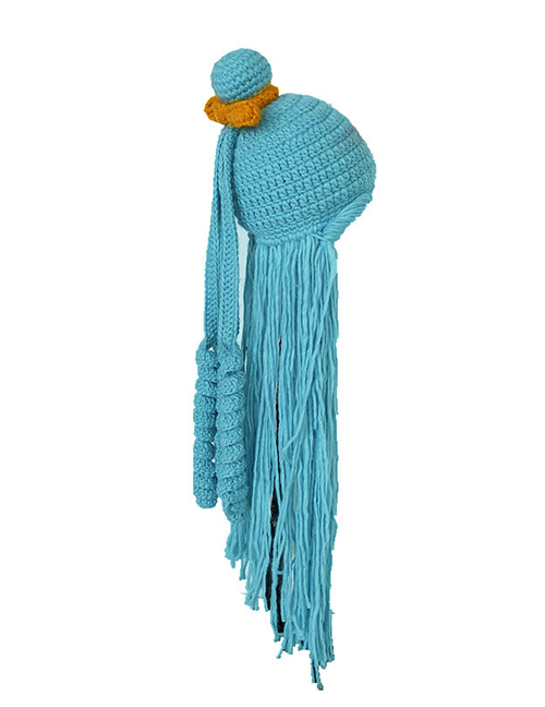 Fashion Sky Blue Wig Head Set Wool Hat