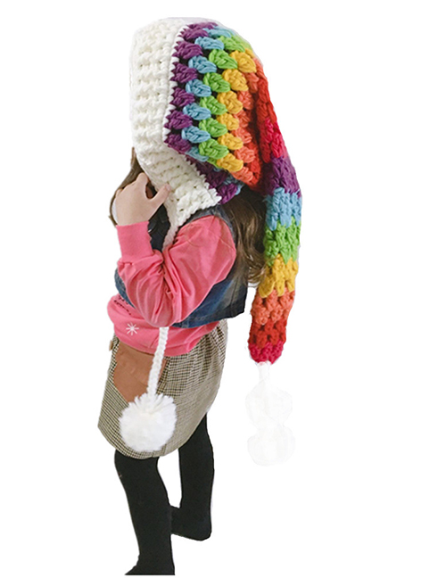 Fashion White Color Wool Crochet Rainbow Long Tail Cap